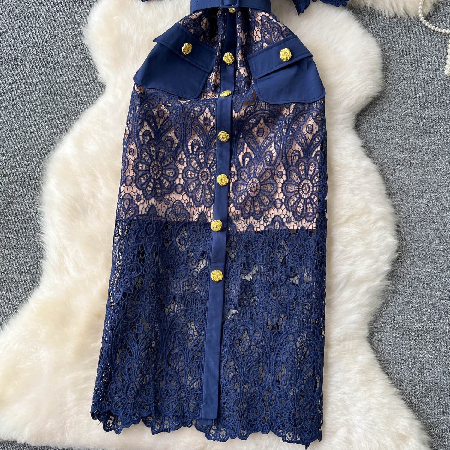LE2309 Goddess Hollow Hook Flower Midi Dress 2024 New lace Doll Collar Belted Embroidery Long Dress Socialite Party Casual Dress