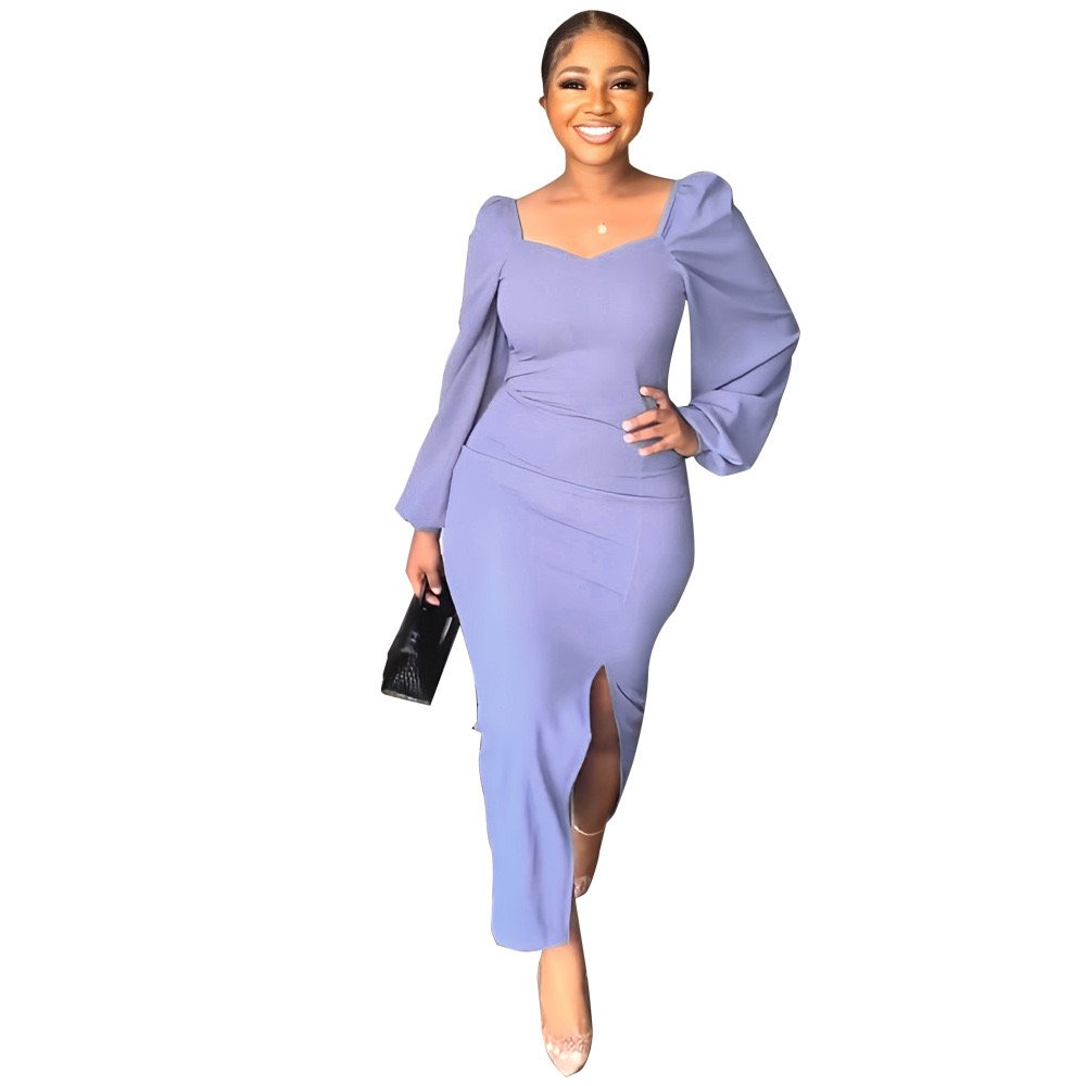 2023 New Fashion Women Sexy Backless Slit Dress Square Neck Puff Sleeve Lady Elegant Pencil Casual Party Long Dress
