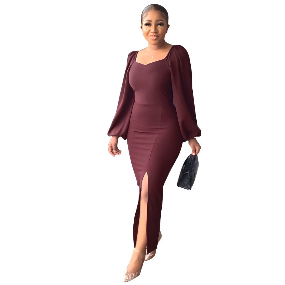 2023 New Fashion Women Sexy Backless Slit Dress Square Neck Puff Sleeve Lady Elegant Pencil Casual Party Long Dress