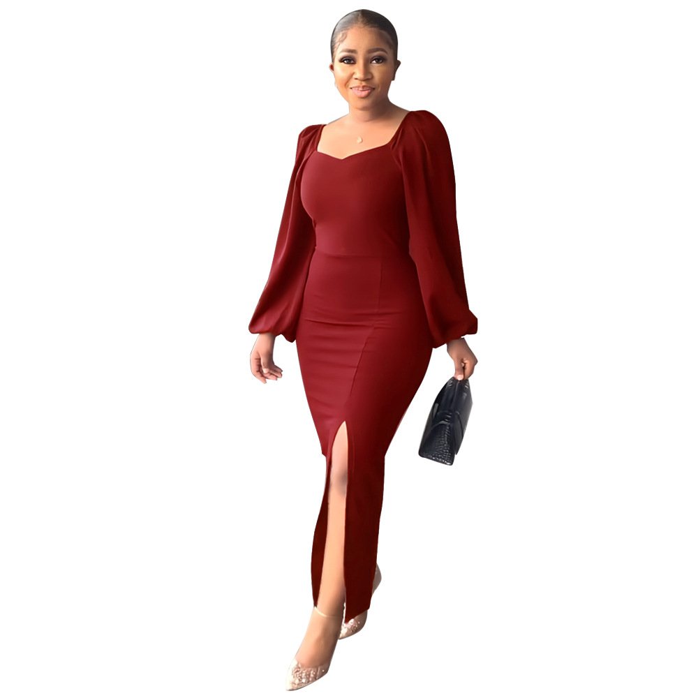 2023 New Fashion Women Sexy Backless Slit Dress Square Neck Puff Sleeve Lady Elegant Pencil Casual Party Long Dress