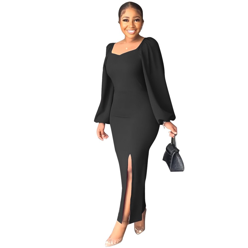 2023 New Fashion Women Sexy Backless Slit Dress Square Neck Puff Sleeve Lady Elegant Pencil Casual Party Long Dress