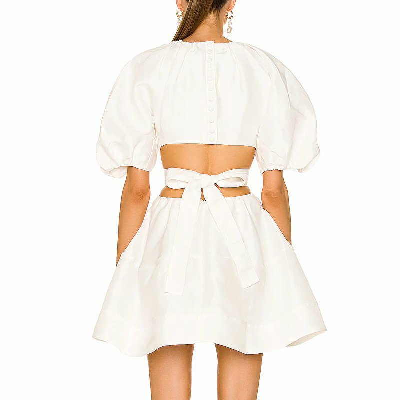 Fashion cheap white plain elegant cut out dresses puff sleeve women's dress half sleeve dress wholesale