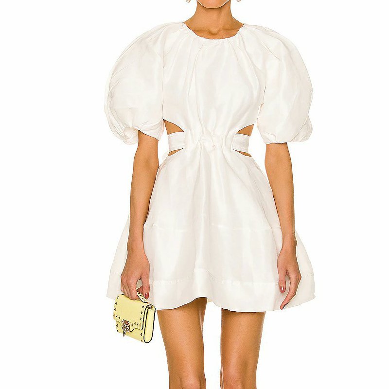 Fashion cheap white plain elegant cut out dresses puff sleeve women's dress half sleeve dress wholesale