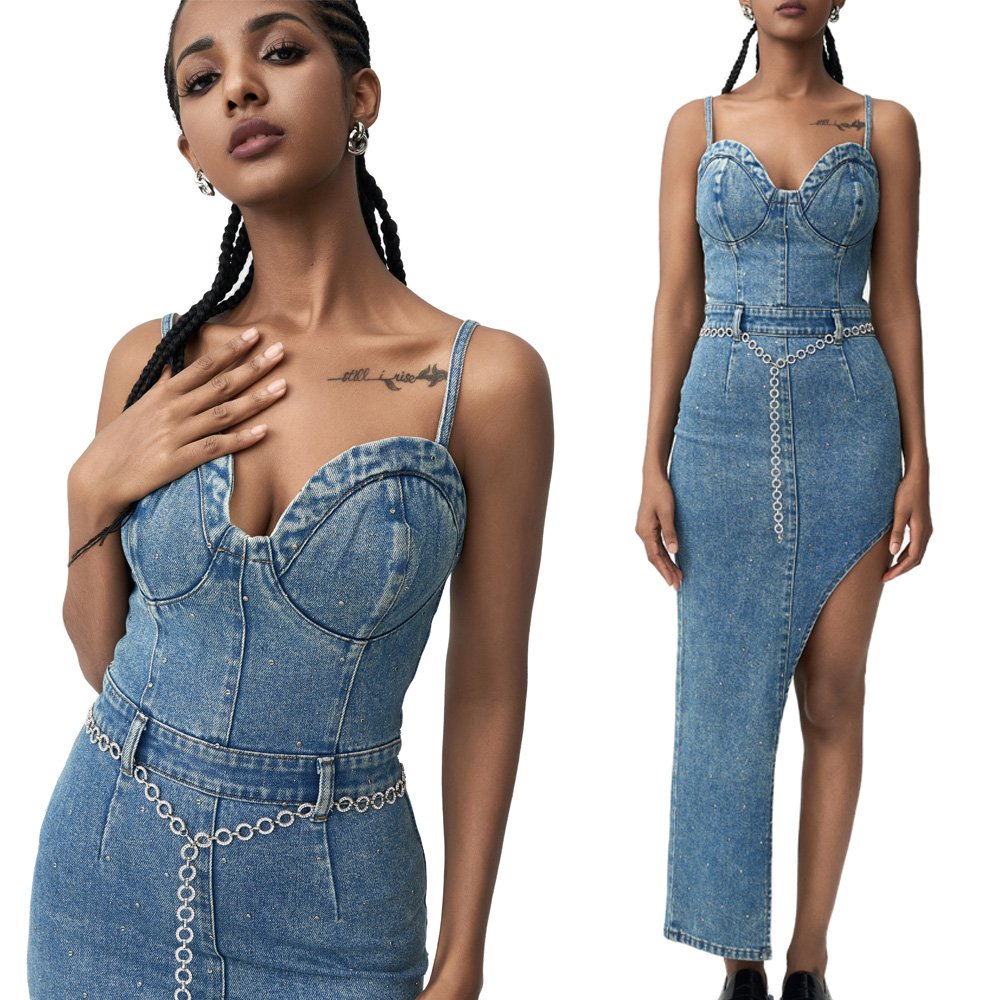 Summer Popular Sexy Jean Mini Dress Sleeveless Zipper Bandage Pleated Denim Dresses Women