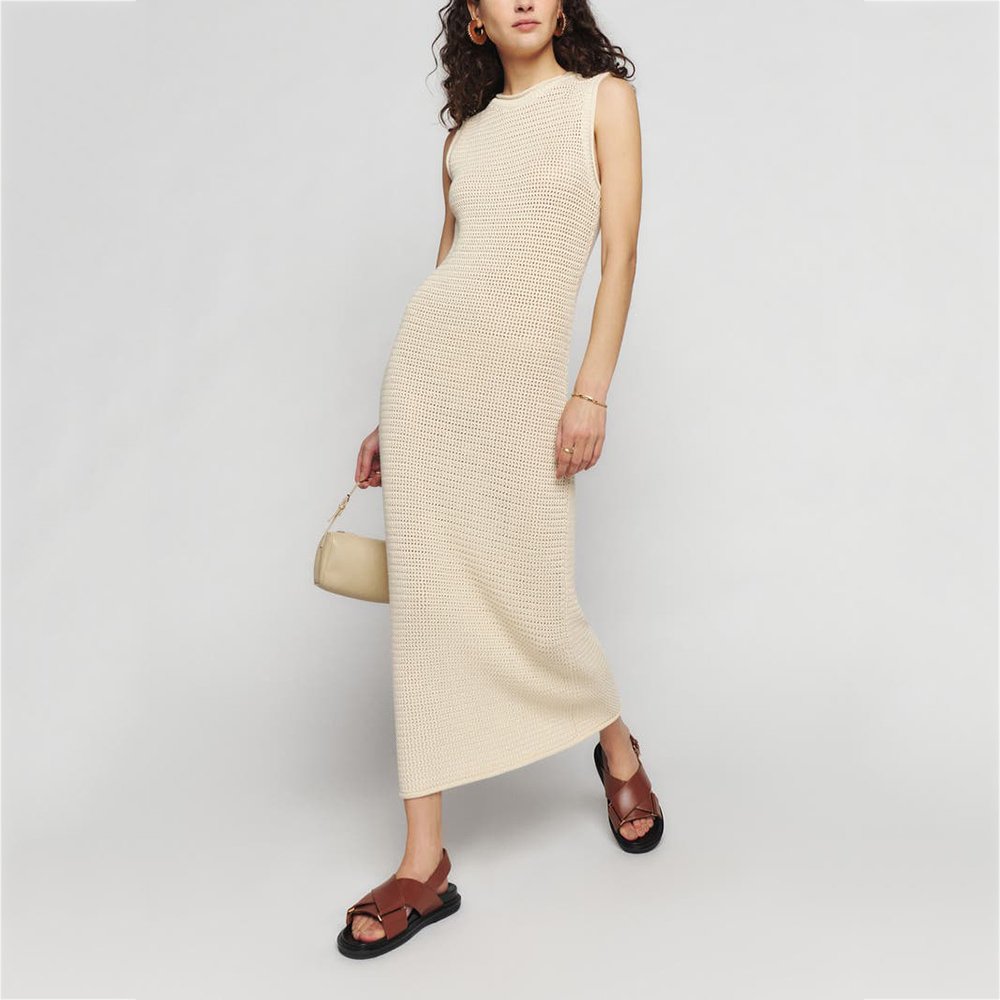 Custom open Knit dress ladies knitwear cotton Stitch Sleeveless crew Neck Women Sweater Knitted Long Maxi Dress Girls