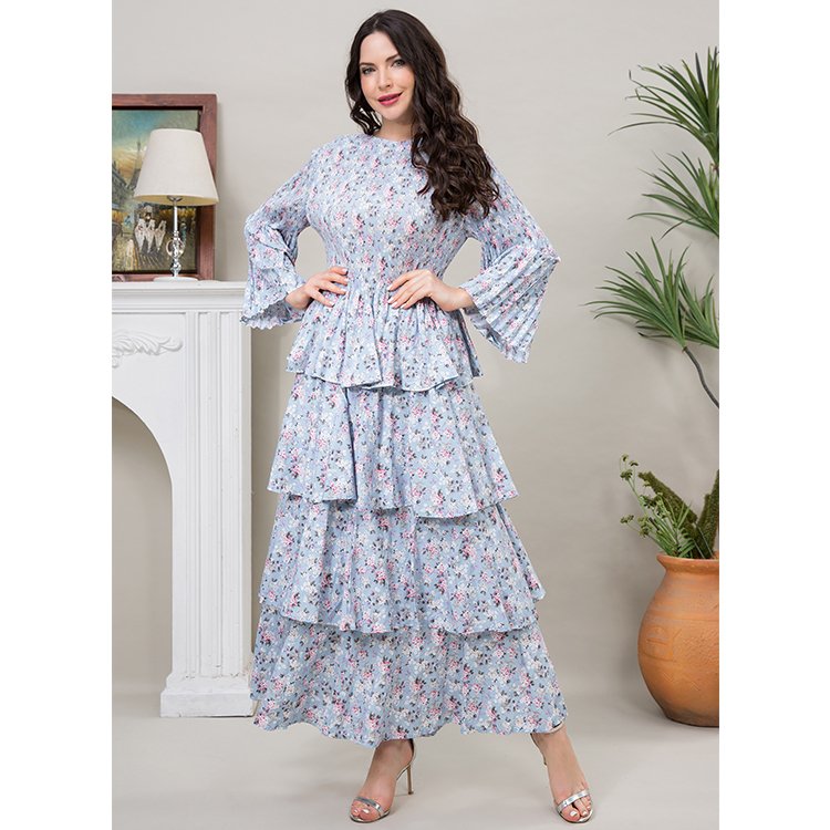 2024 Latest Casual Dresses Miyake Women's Long Sleeves Pleated Dresses Blue Floral Print Dresses For Ladies