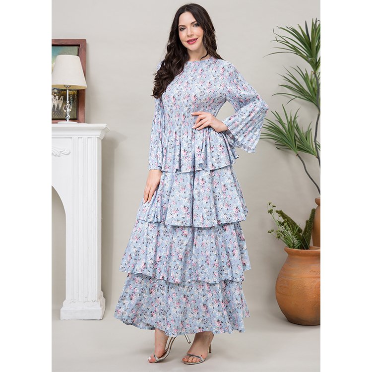 2024 Latest Casual Dresses Miyake Women's Long Sleeves Pleated Dresses Blue Floral Print Dresses For Ladies