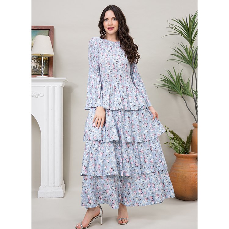 2024 Latest Casual Dresses Miyake Women's Long Sleeves Pleated Dresses Blue Floral Print Dresses For Ladies