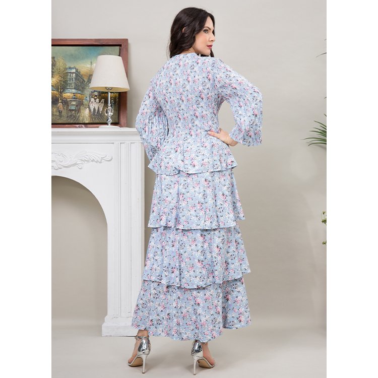 2024 Latest Casual Dresses Miyake Women's Long Sleeves Pleated Dresses Blue Floral Print Dresses For Ladies