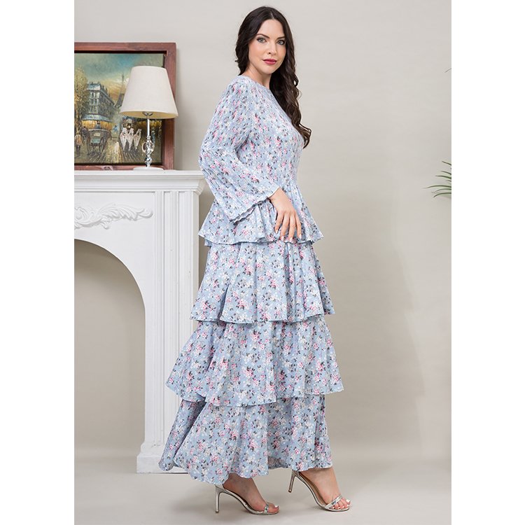 2024 Latest Casual Dresses Miyake Women's Long Sleeves Pleated Dresses Blue Floral Print Dresses For Ladies