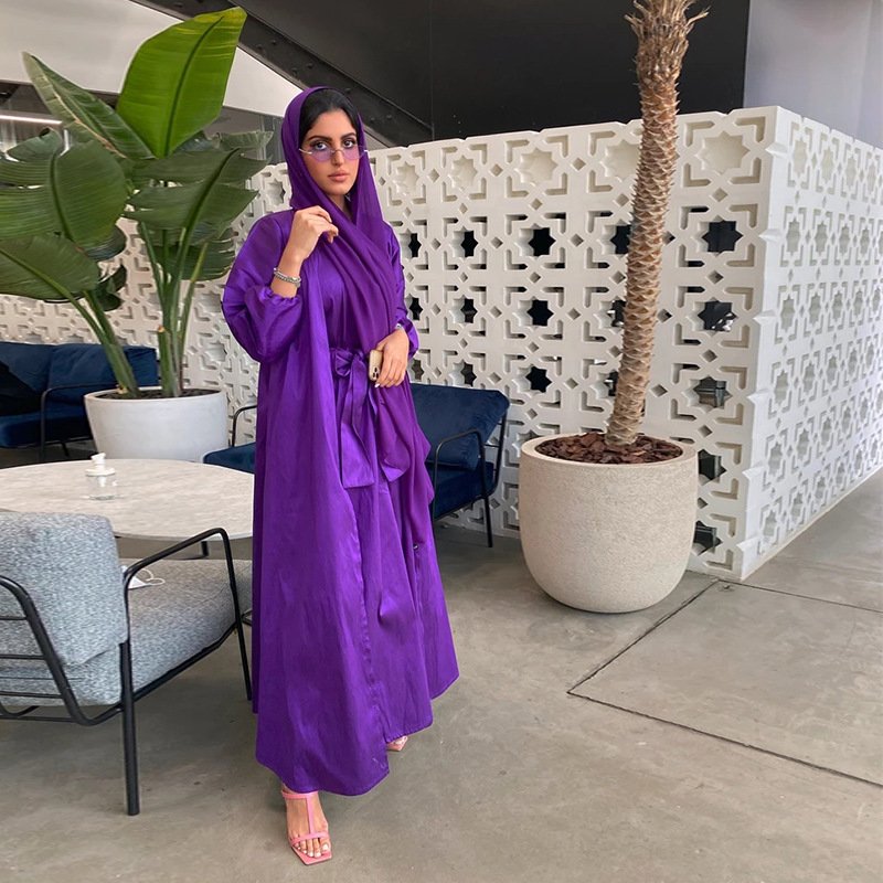 Eid Ethnic Style Best Selling Solid Middle East Muslim Dress Saudi Two-Piece long dress vegan robe Belt Abaya Set