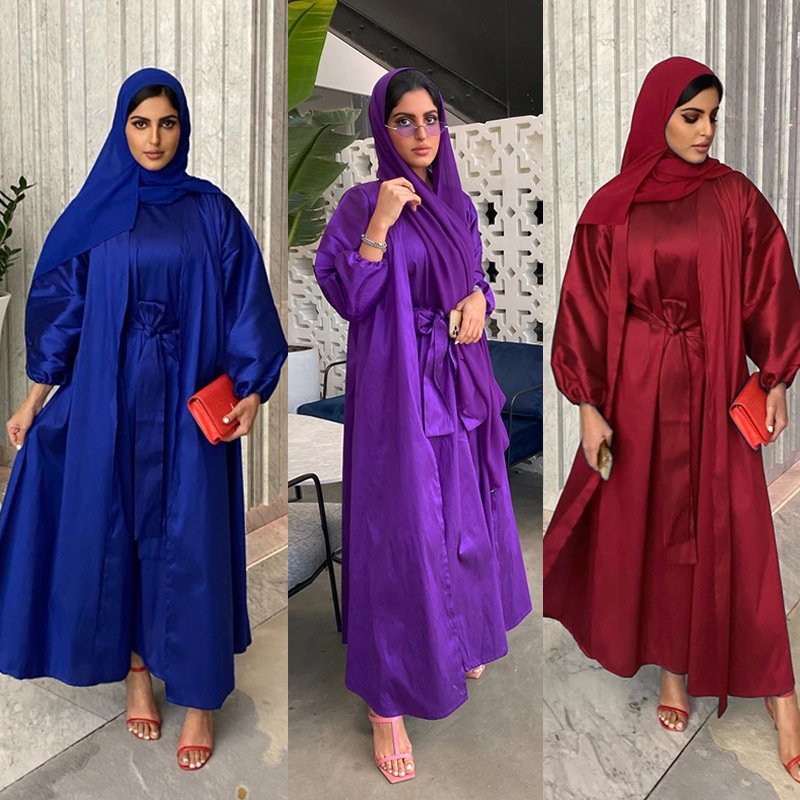 Eid Ethnic Style Best Selling Solid Middle East Muslim Dress Saudi Two-Piece long dress vegan robe Belt Abaya Set