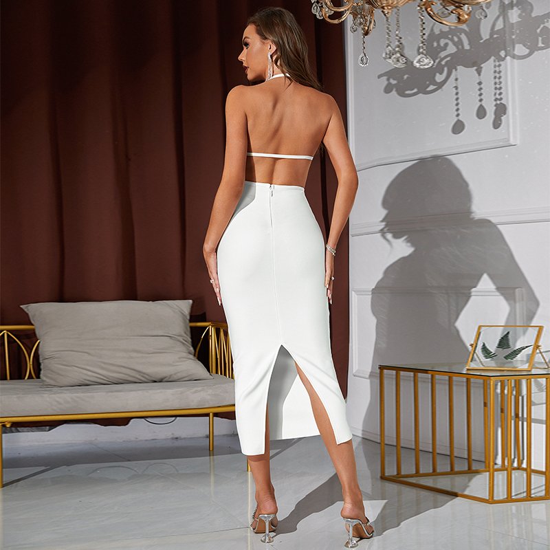 C2163 Women's Sexy Elegant Backless 2 pieces set Slim Fit Long Dress White Sleeveless Halter Party Dresses