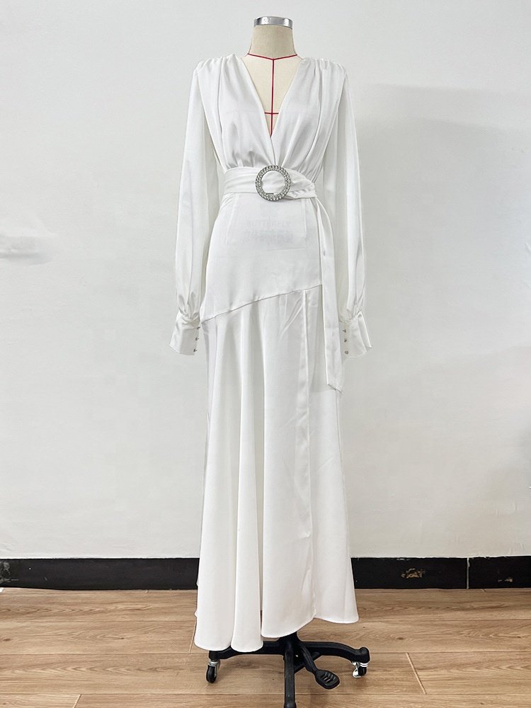 OUDINA French Satin Slit V-neck Lantern Long Sleeves Dress Women Lady Elegant Casual Dresses