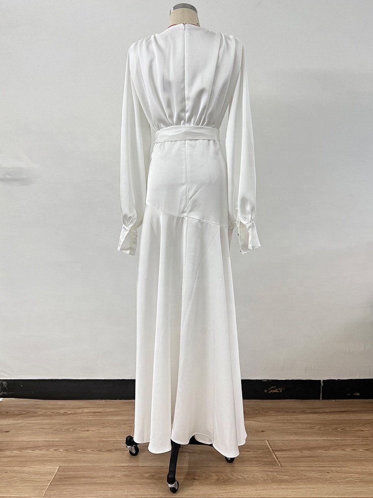 OUDINA French Satin Slit V-neck Lantern Long Sleeves Dress Women Lady Elegant Casual Dresses