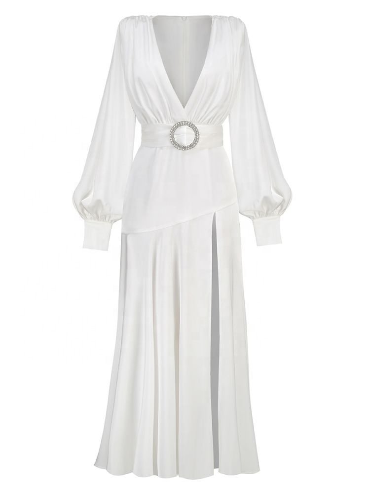 OUDINA French Satin Slit V-neck Lantern Long Sleeves Dress Women Lady Elegant Casual Dresses