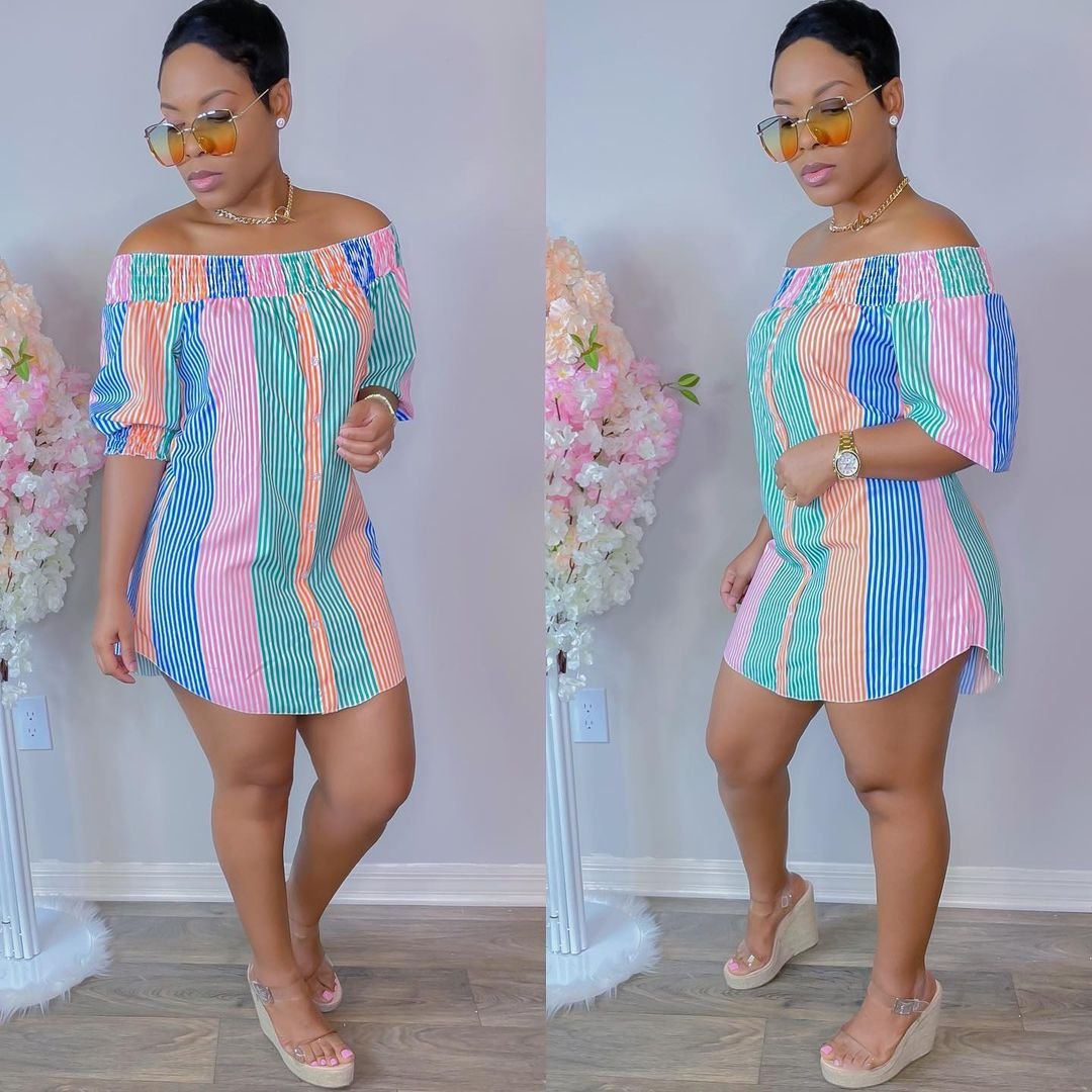 2022 Summer Casual Clothings Women Striped Print Contrast Color Off Shoulder Short Sleeve Summer Dress