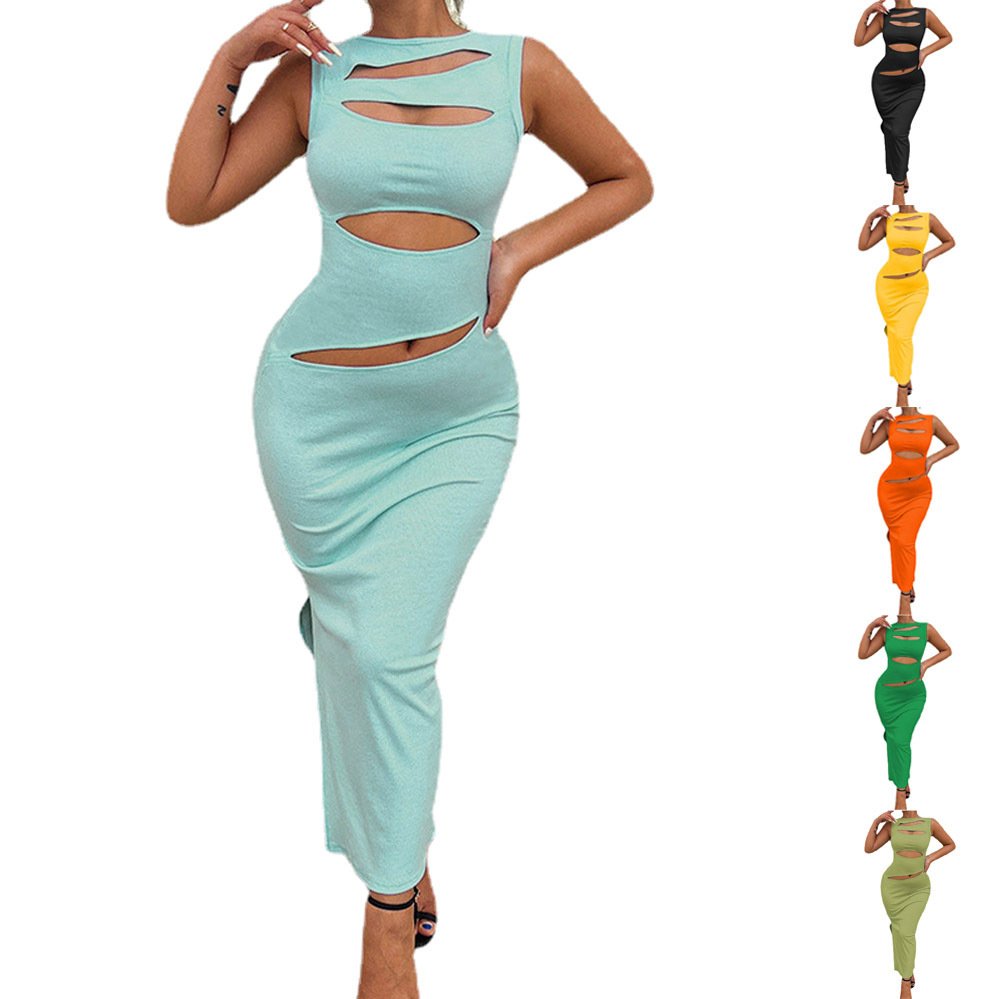 High Quality Women Date Night Trendy Formal Hollow Out Sleeveless Knitted Vestido Casual Summer Dresses