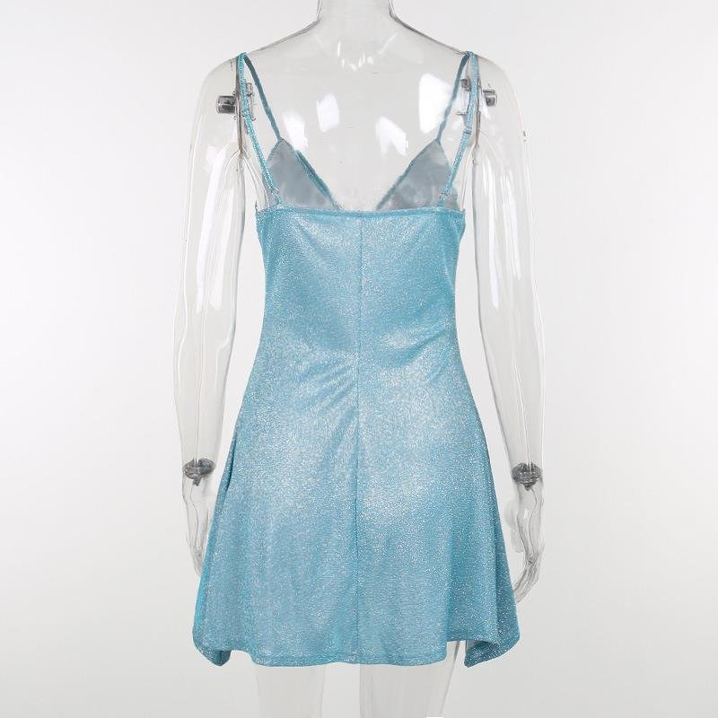 New Fashion Custom Sexy V-Neck Halter Sleeveless Knitting Mini Shiny Chain Strap Dress For Women