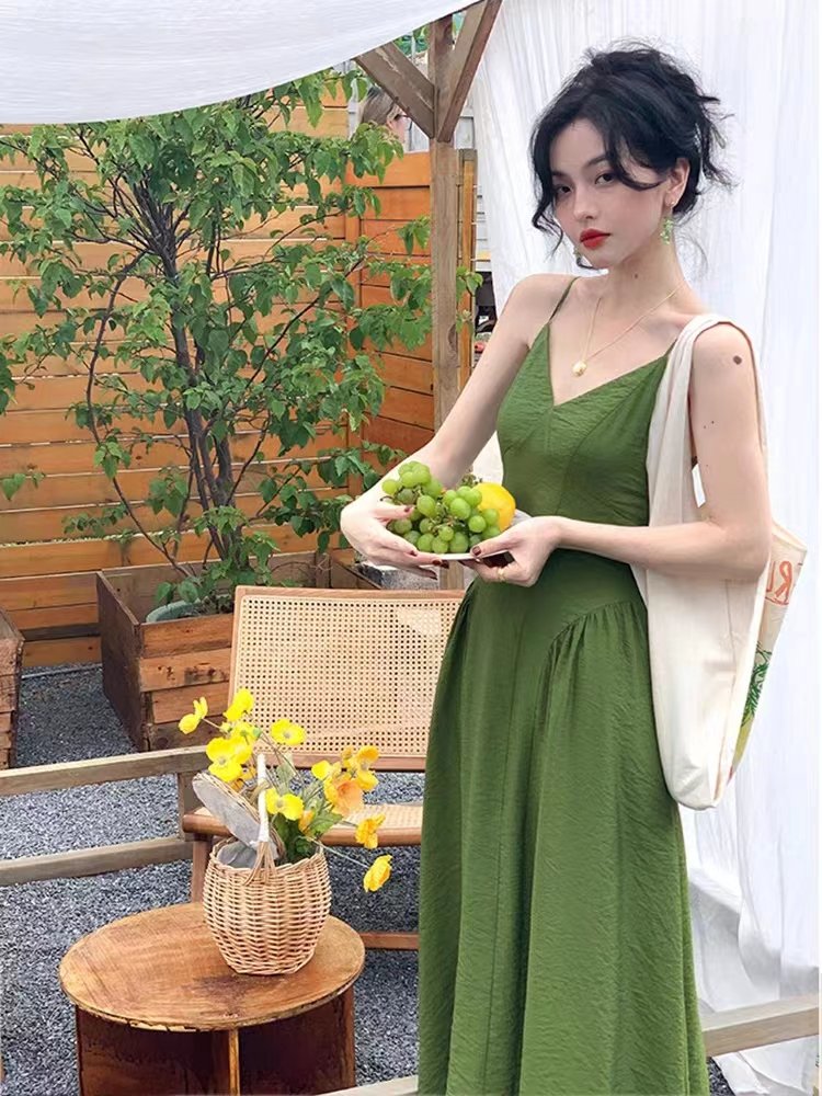 Strap bodycon V neck dress with design seam gathered long women's dress