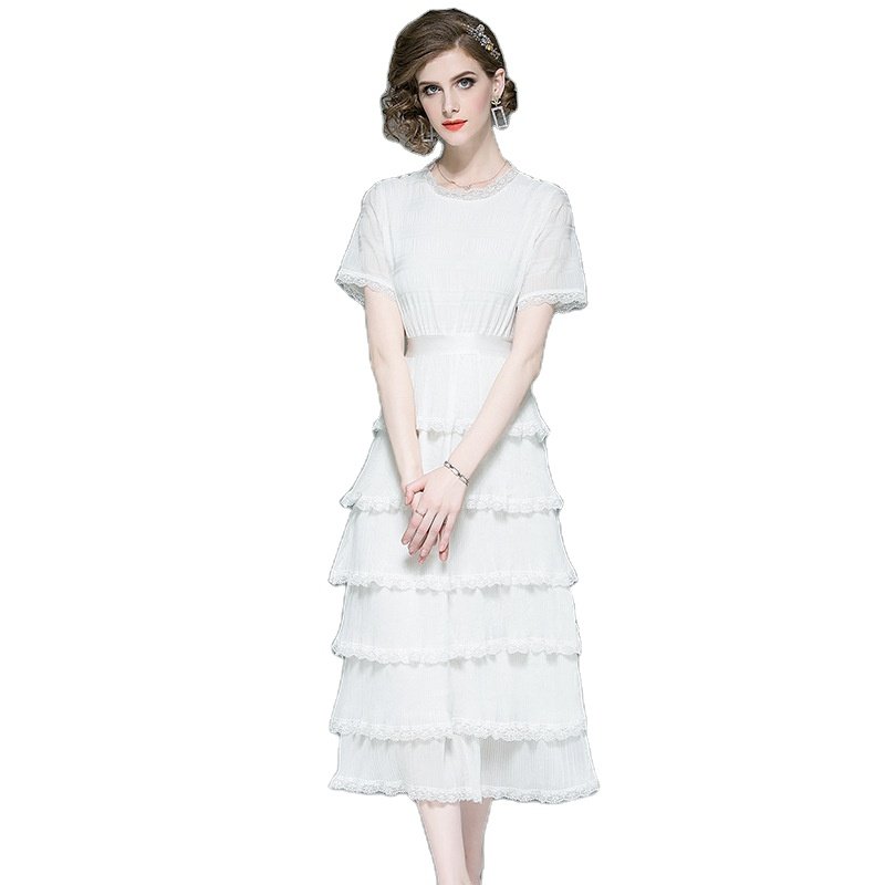 Fashion Summer White Casual Dress Women'S Short Sleeve Layered Flounce casual Dress