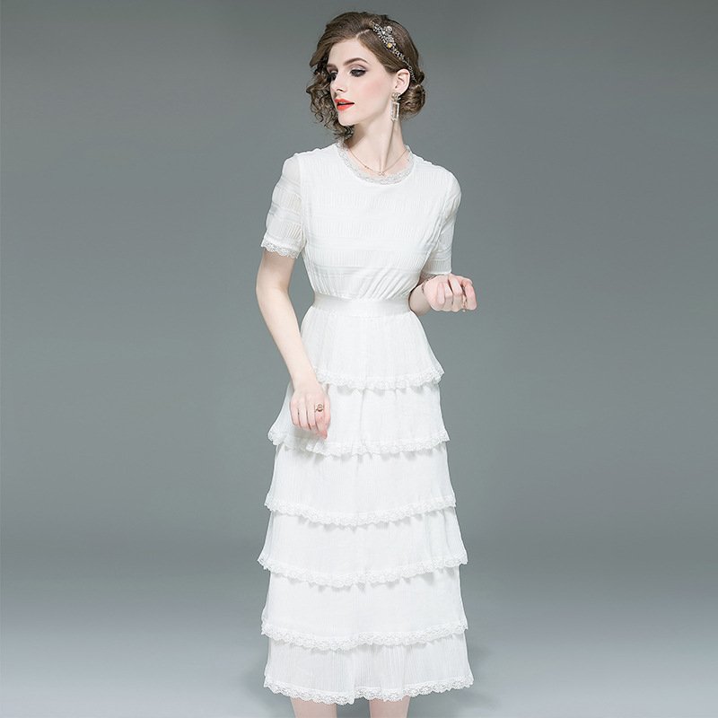 Fashion Summer White Casual Dress Women'S Short Sleeve Layered Flounce casual Dress