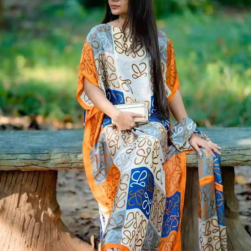 2024 New Ladies Luxury African Kaftan Custom Casual Plus Size Women's Silk Dress with Scarf Cotton and Linen Material