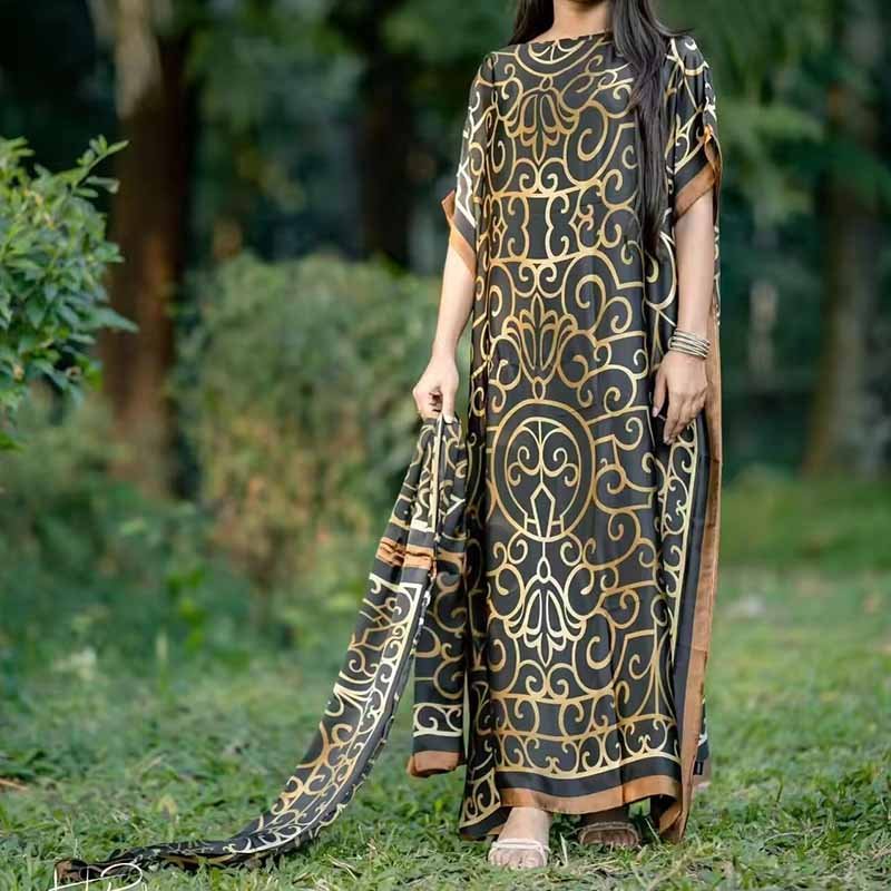 2024 New Ladies Luxury African Kaftan Custom Casual Plus Size Women's Silk Dress with Scarf Cotton and Linen Material