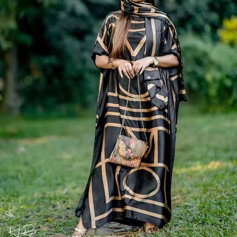 2024 New Ladies Luxury African Kaftan Custom Casual Plus Size Women's Silk Dress with Scarf Cotton and Linen Material