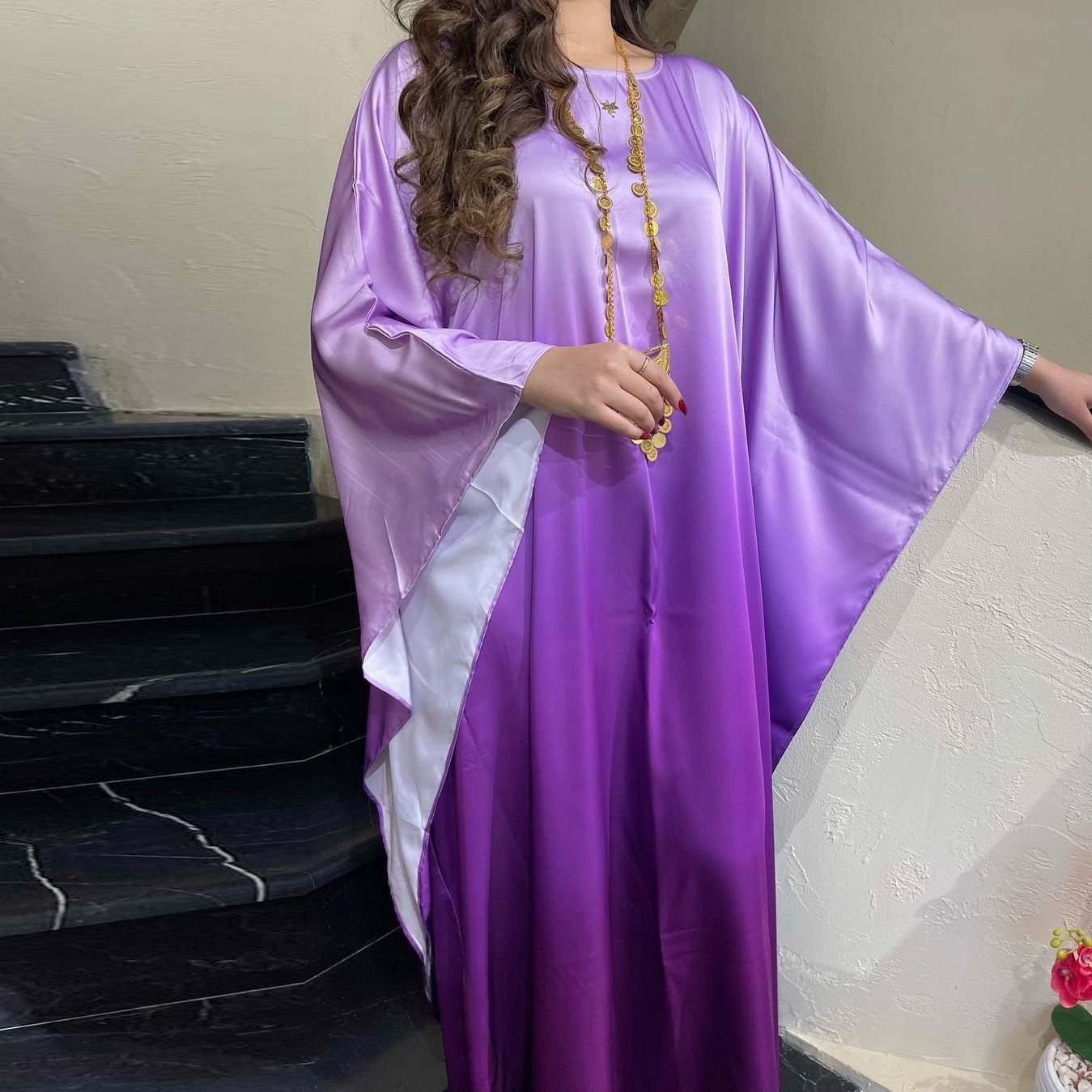 Bright Color Islamic Dubai Clothing Dress Abaya For Muslim Women Batwing Sleeve Cardigan Robe Soft Loose Satin Abaya Gown Dress