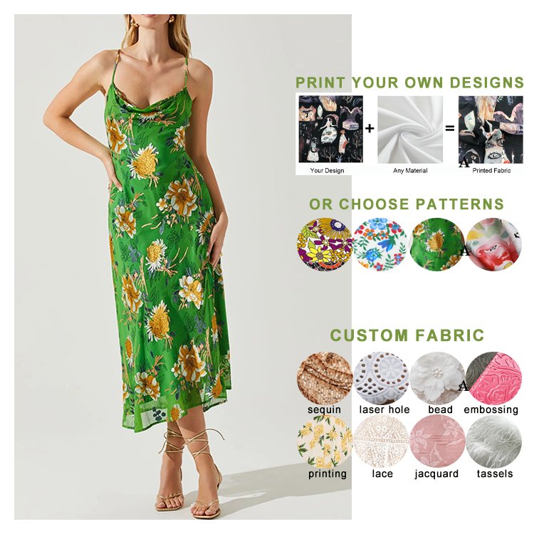 New Product 2024 Green Custom Digital Print Dress Shirt Spring Summer Print Dress Sleeveless Floral Print Casual Dress