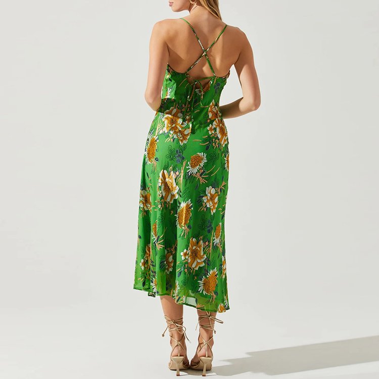 New Product 2024 Green Custom Digital Print Dress Shirt Spring Summer Print Dress Sleeveless Floral Print Casual Dress
