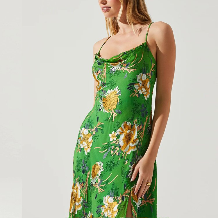 New Product 2024 Green Custom Digital Print Dress Shirt Spring Summer Print Dress Sleeveless Floral Print Casual Dress
