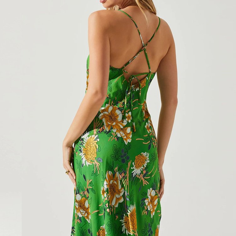 New Product 2024 Green Custom Digital Print Dress Shirt Spring Summer Print Dress Sleeveless Floral Print Casual Dress
