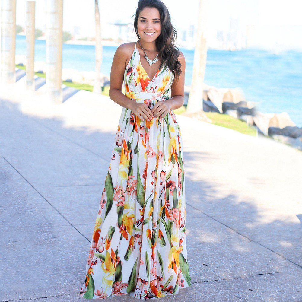 Custom Women New Style casual Dress Lady Sling Flower holiday vacation Printed Dresses Sexy Long Casual Beach Dresses
