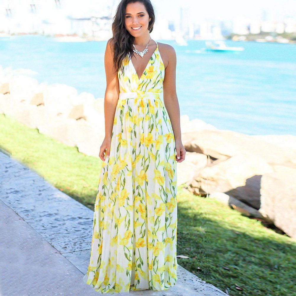 Custom Women New Style casual Dress Lady Sling Flower holiday vacation Printed Dresses Sexy Long Casual Beach Dresses