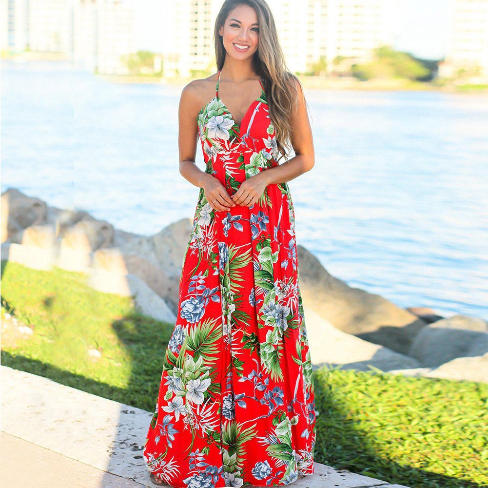 Custom Women New Style casual Dress Lady Sling Flower holiday vacation Printed Dresses Sexy Long Casual Beach Dresses