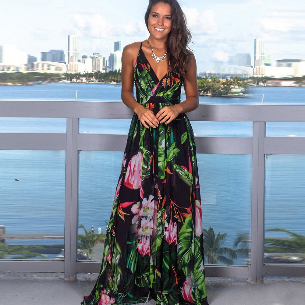 Custom Women New Style casual Dress Lady Sling Flower holiday vacation Printed Dresses Sexy Long Casual Beach Dresses