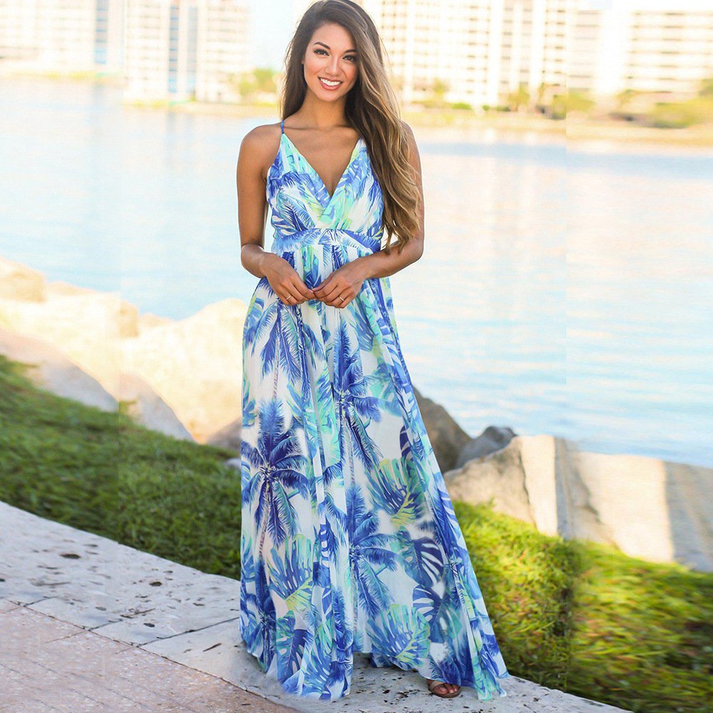 Custom Women New Style casual Dress Lady Sling Flower holiday vacation Printed Dresses Sexy Long Casual Beach Dresses