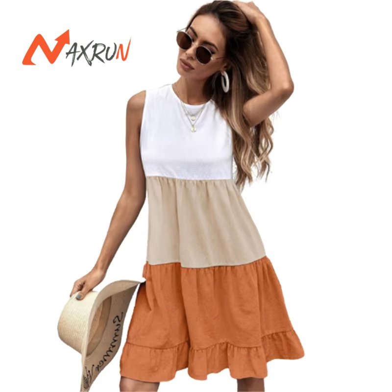 New Design Sleeveless Knit Cotton Stitching Dress Plus Size Round Neck Casual Dresses For Women