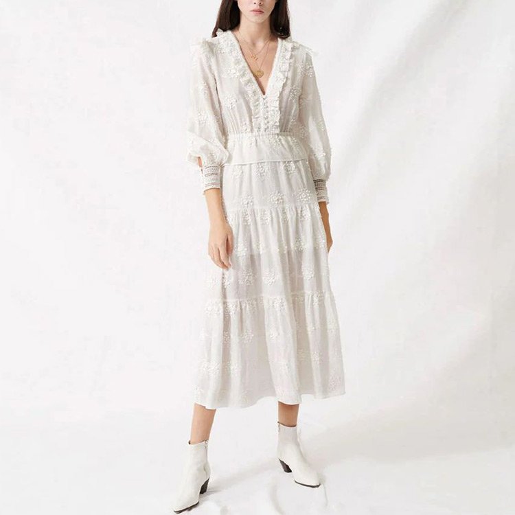 Wholesale Ladies Floral Embroidery Linen Cotton Deep V Neck Dress Customized Women Ruffles Puff Sleeve Vacation Casual Dresses