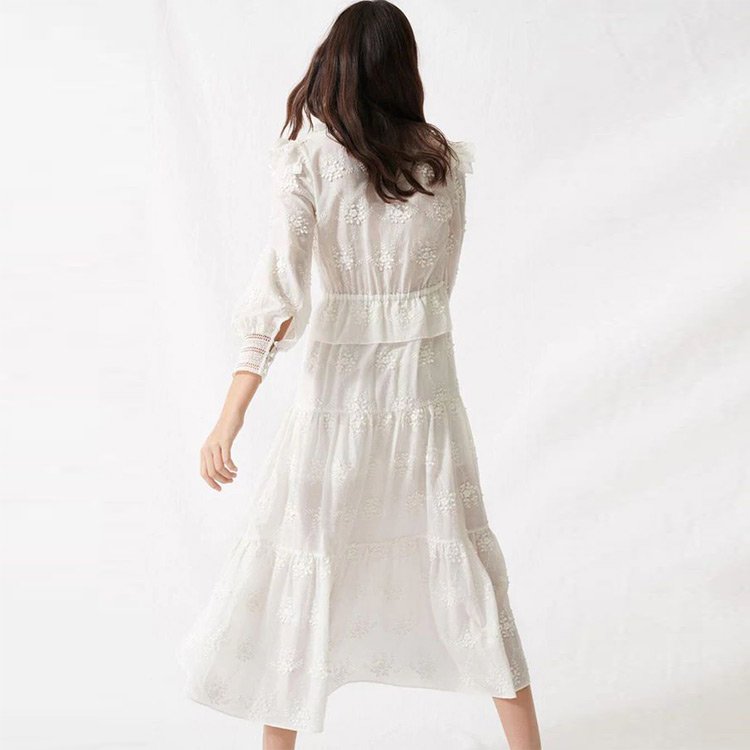 Wholesale Ladies Floral Embroidery Linen Cotton Deep V Neck Dress Customized Women Ruffles Puff Sleeve Vacation Casual Dresses