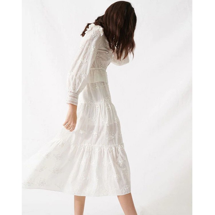 Wholesale Ladies Floral Embroidery Linen Cotton Deep V Neck Dress Customized Women Ruffles Puff Sleeve Vacation Casual Dresses