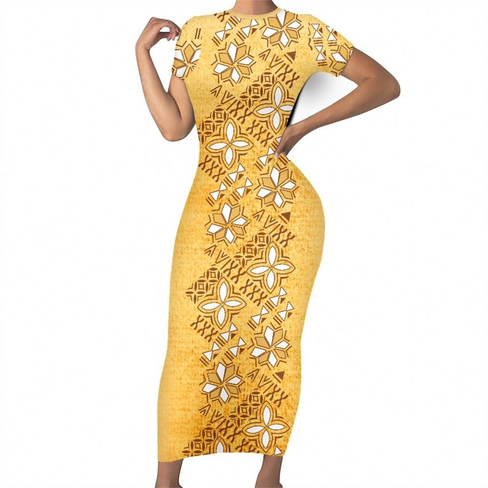 Polynesian Clothing Brown Tapa Masi Cloth Floral Samoan Fabric Tribal All Over Printed Customized Short Sleeve Bodycon Dress