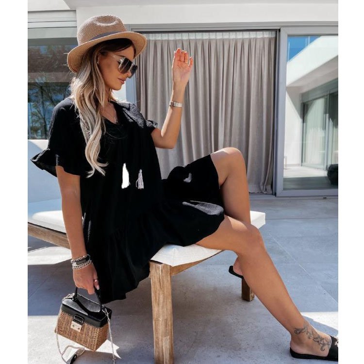 Korean modest elegant casual one piece summer short v neck dress for women beautiful