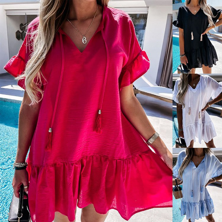 Korean modest elegant casual one piece summer short v neck dress for women beautiful