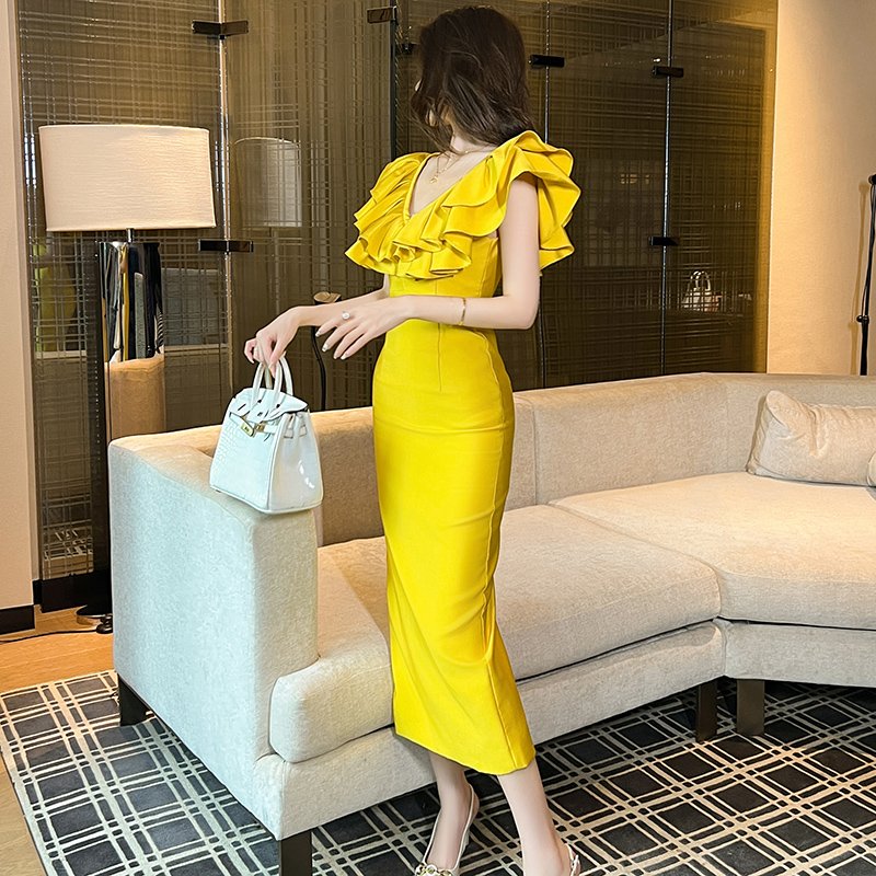 ZYHT 30502 Lotus Leaf Ruffle Flying Sleeve Sexy Party Casual Dresses V-neck Knitted Elastic Bright Yellow Dress