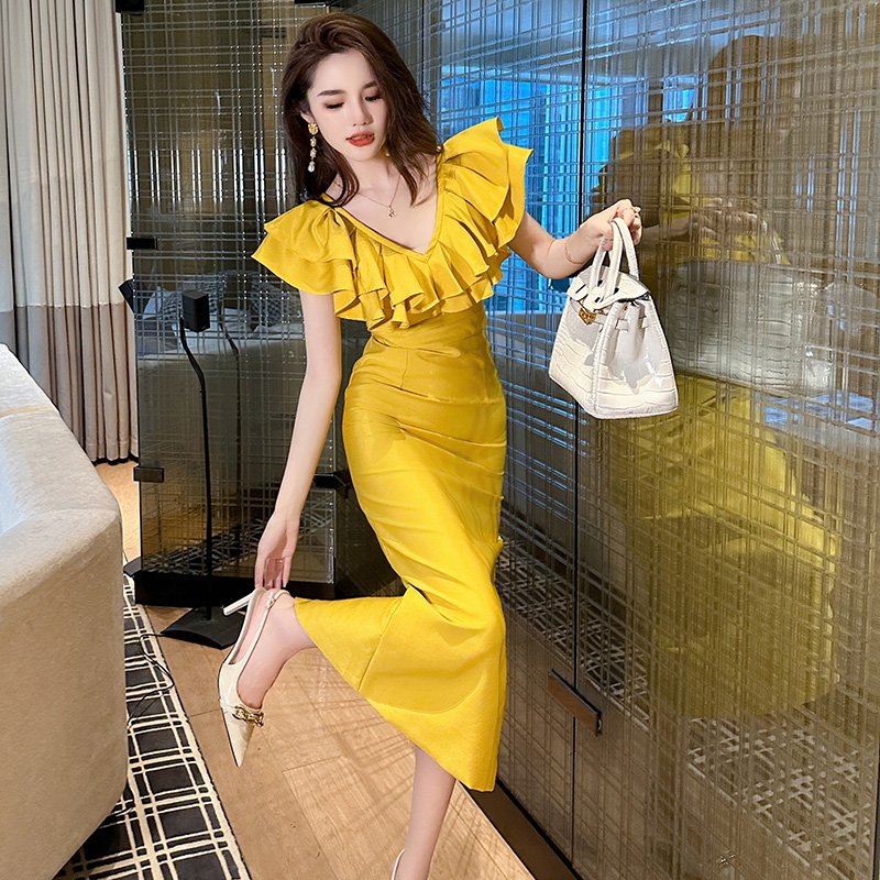 ZYHT 30502 Lotus Leaf Ruffle Flying Sleeve Sexy Party Casual Dresses V-neck Knitted Elastic Bright Yellow Dress
