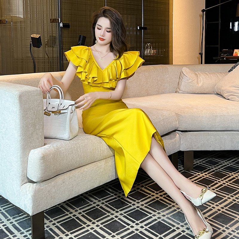 ZYHT 30502 Lotus Leaf Ruffle Flying Sleeve Sexy Party Casual Dresses V-neck Knitted Elastic Bright Yellow Dress