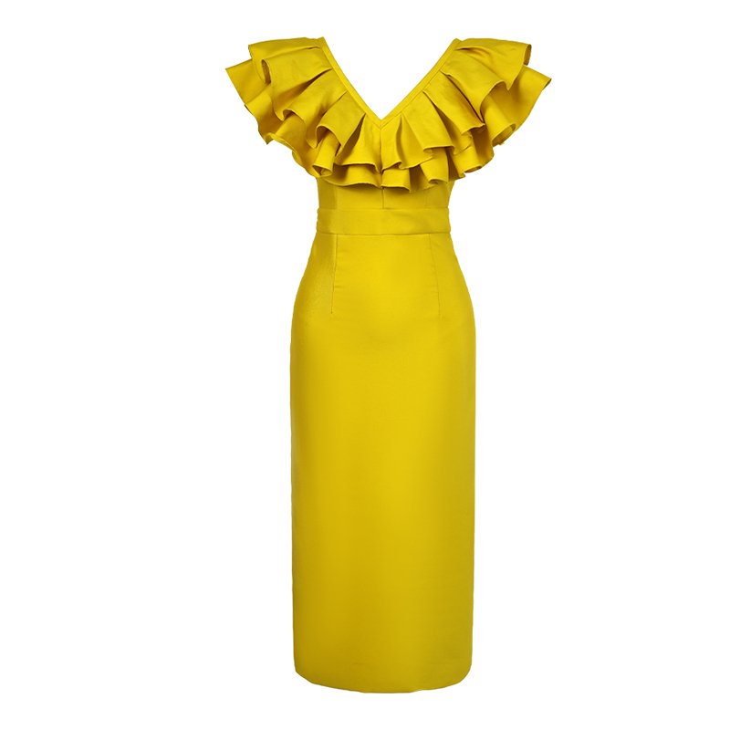 ZYHT 30502 Lotus Leaf Ruffle Flying Sleeve Sexy Party Casual Dresses V-neck Knitted Elastic Bright Yellow Dress